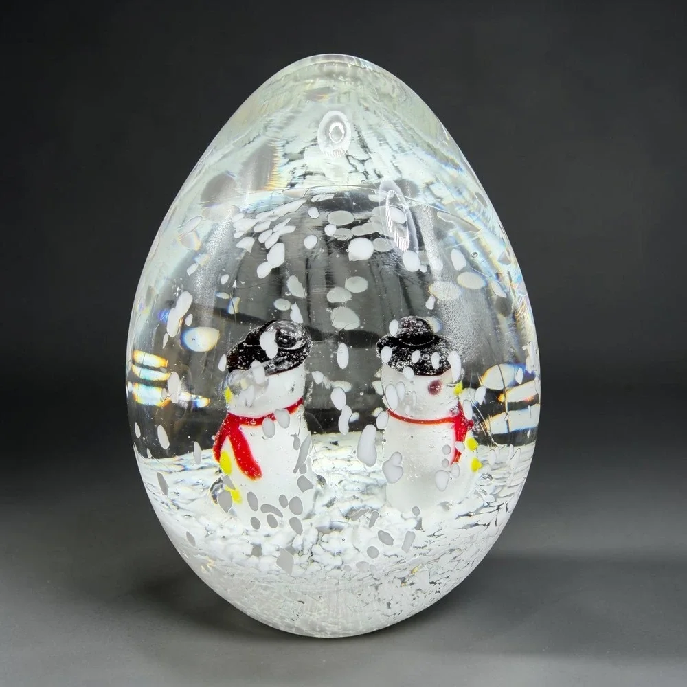 Heavy Glass Snowman Egg Paperweight Winter Snow Scene 4 inch Holiday Decor